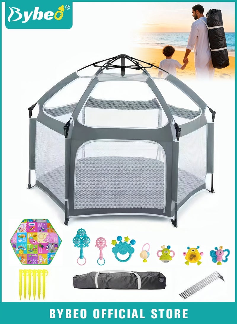 Bybeo Baby Playpen Fence, Portable Toddler Outdoor Playpen with Playmat and Storage Bag, Kids Activity Center, Foldable Pop Up Play Tent for Home, Park, Beach or Camping, No Installation Required, 135*110CM - Image 1